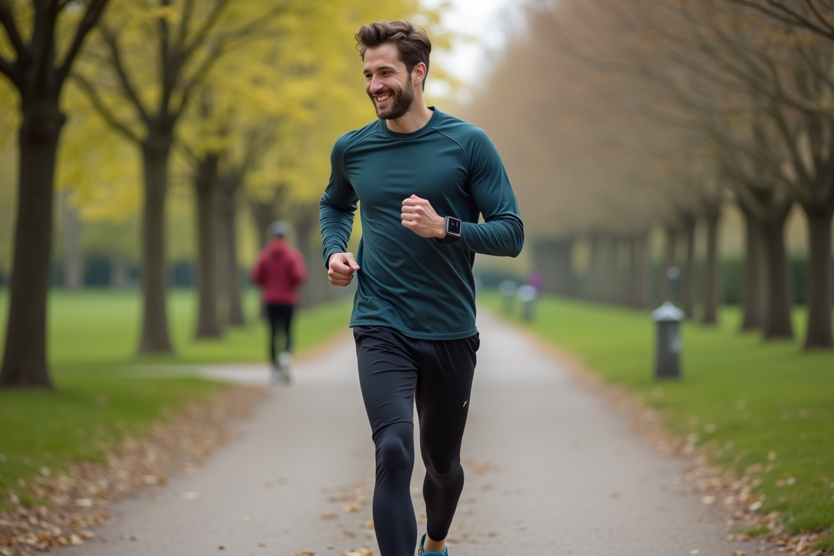 Jeune homme courant dans un parc au printemps avec un tracker
