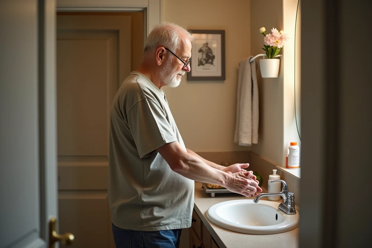 Homme âgé se lavant les mains dans la salle de bain