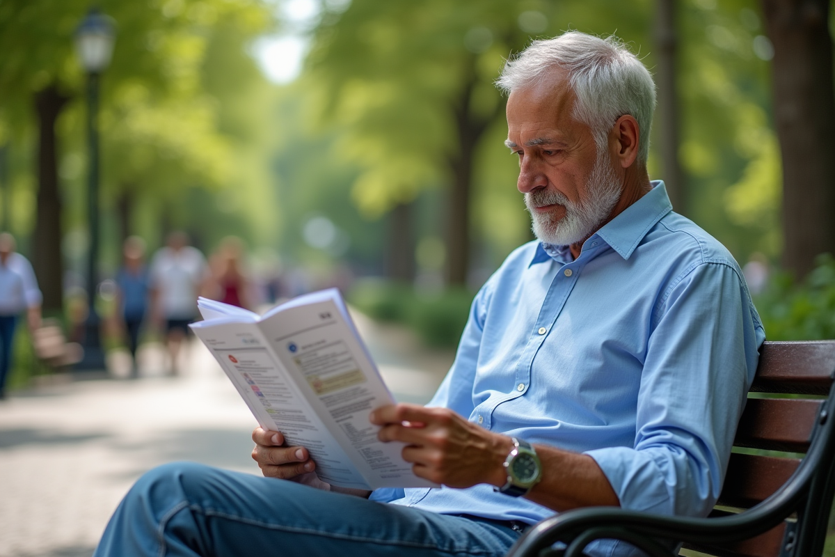 Homme lisant un prospectus sur le psoriasis en plein air