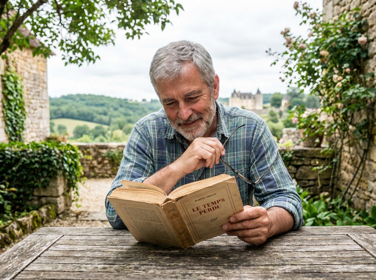 Homme âgé lisant un livre sur une terrasse en Dordogne
