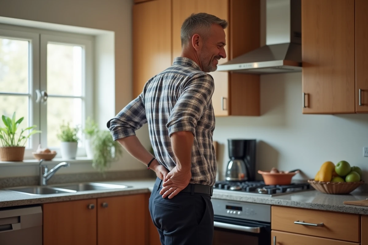 Homme se tenant le dos dans une cuisine lumineuse