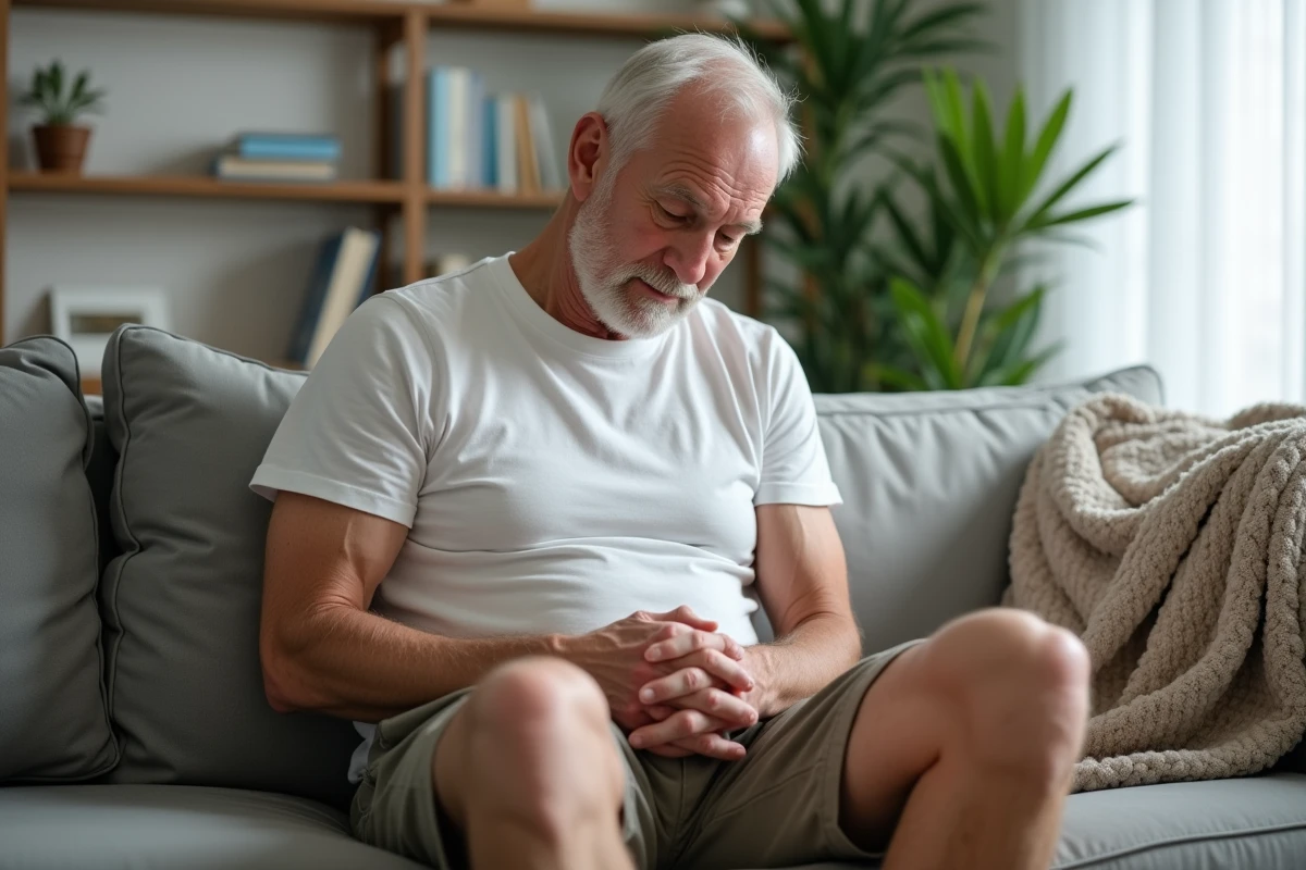 Homme âgé se massant la jambe dans un salon moderne