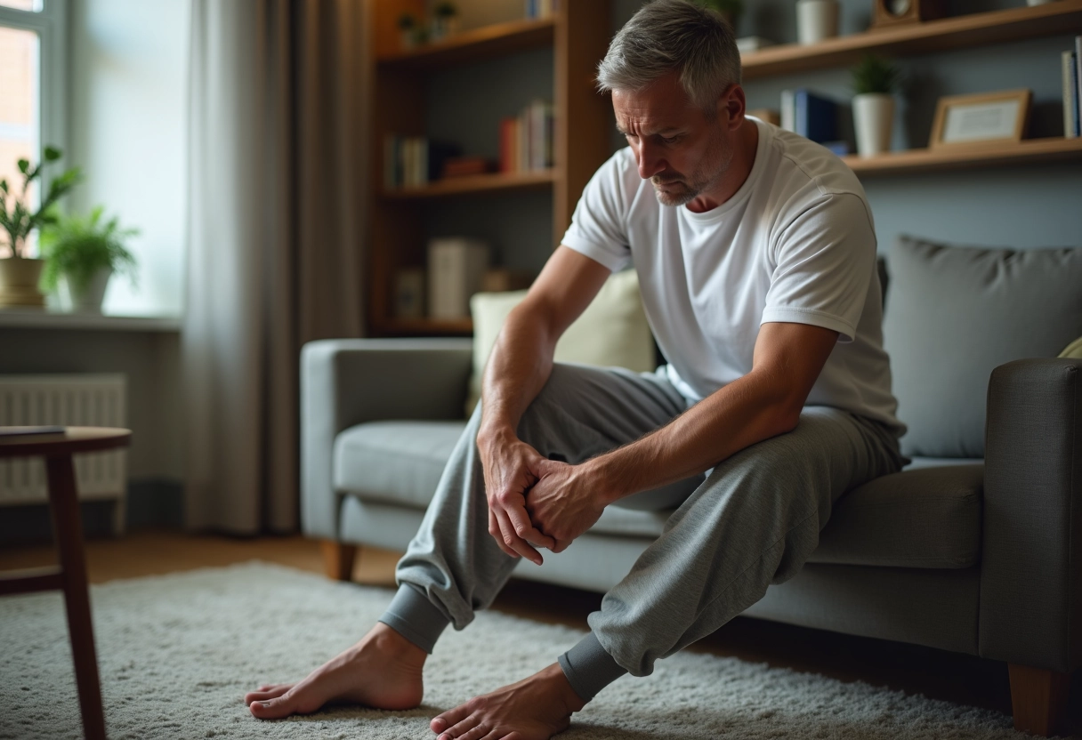 Homme en sweatpants se massant la jambe dans son salon