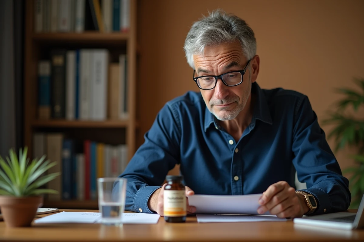 Homme d'âge mûr lisant la notice d'un probiotique Floravia à son bureau