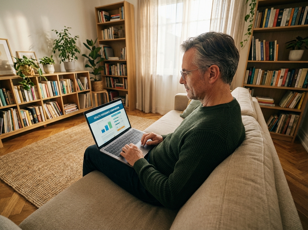 Homme en pull vert utilisant un ordinateur pour comparer assurance santé