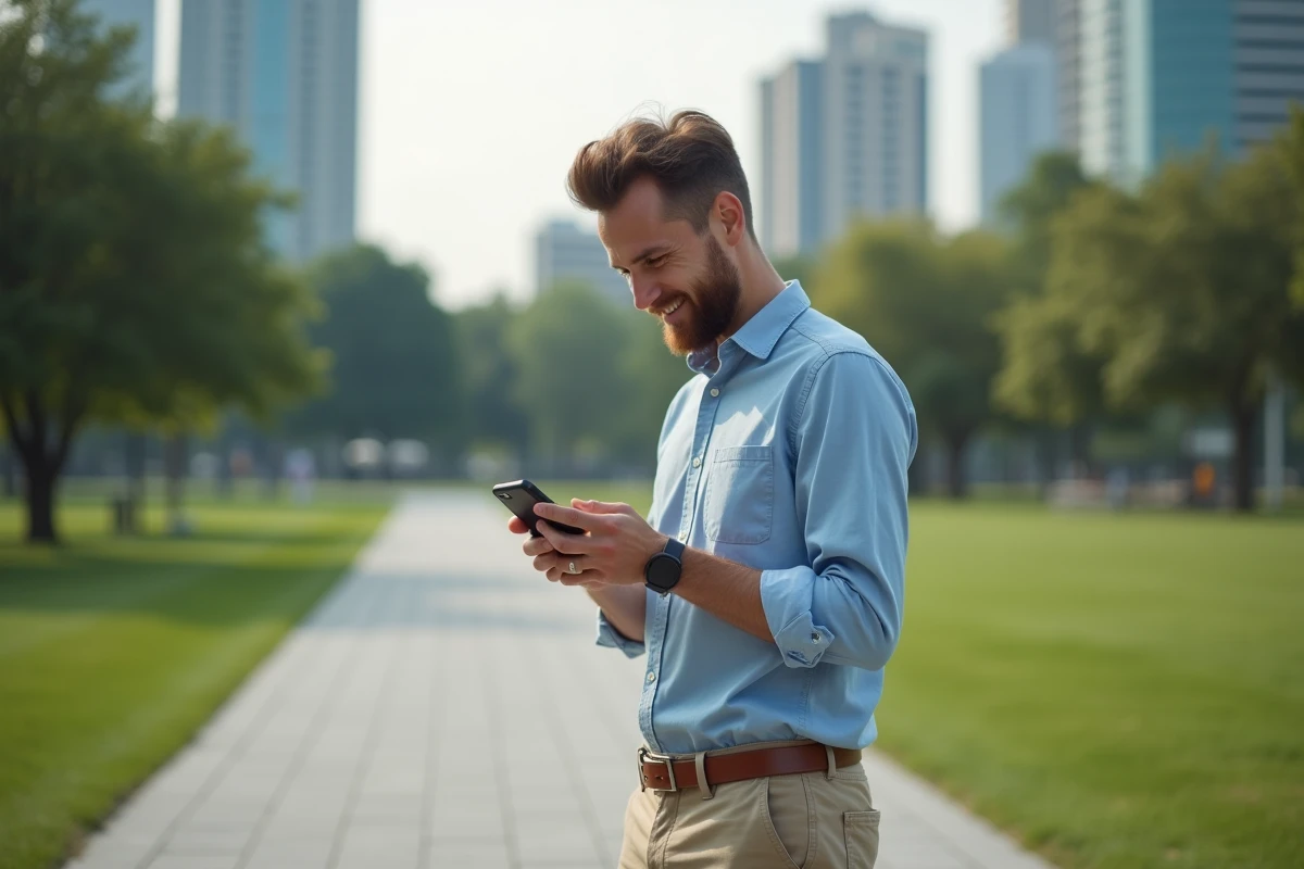 Homme dans un parc urbain utilisant son smartphone