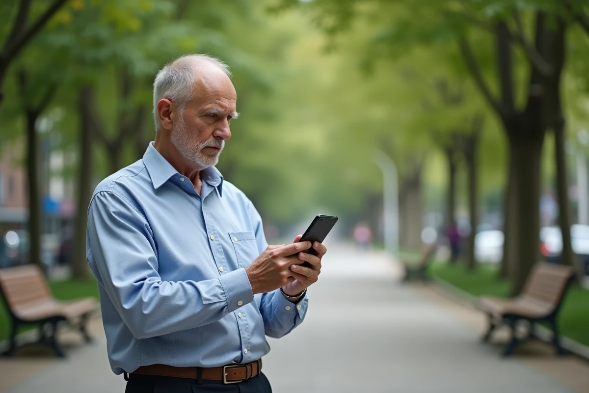 Homme regardant son smartphone dans un parc urbain