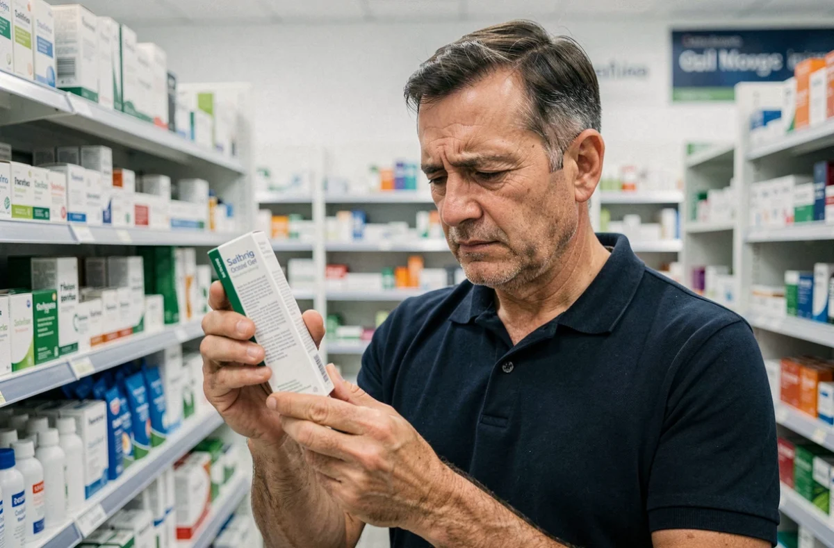 Homme en pharmacie cherchant un gel apaisant pour soigner une brûlure au palais