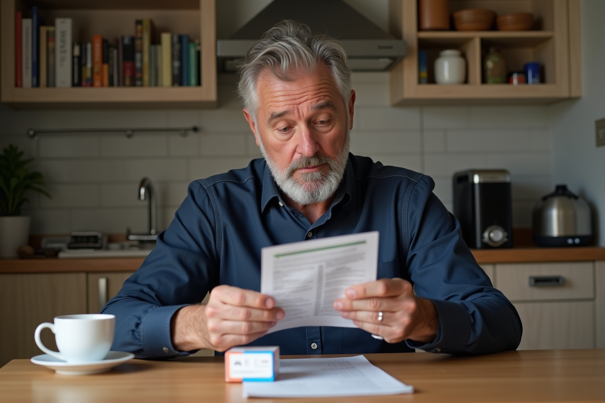 Homme ouvrant une notice de médicament à la maison