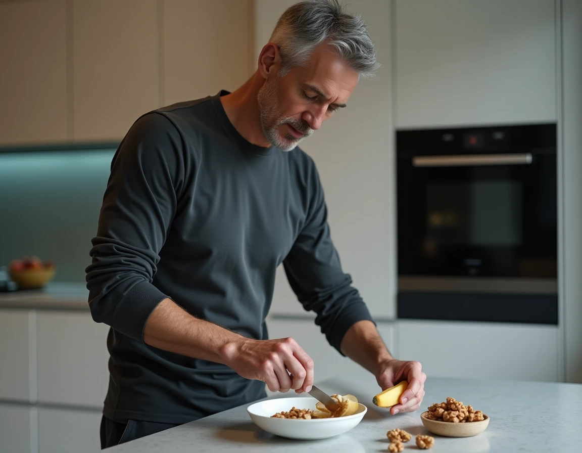 Homme préparant une collation du soir avec une banane dans un bol dans une cuisine moderne