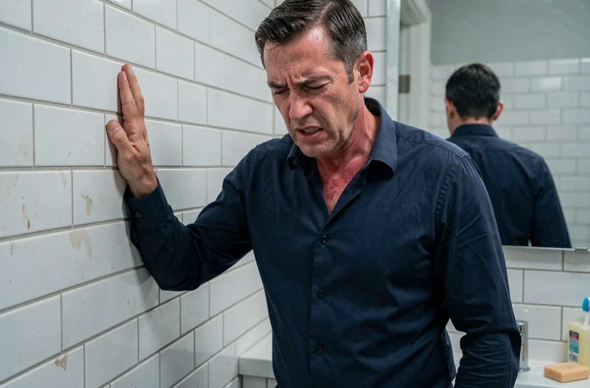 Homme appuyé contre un mur de salle de bain, expression tendue et regard baissé, illustrant la réaction physique du corps après un choc émotionnel intense
