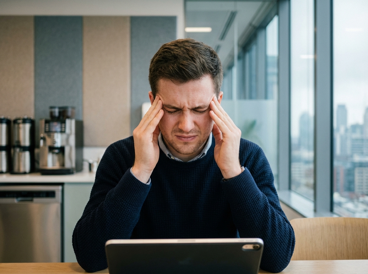 Jeune homme en office casual se masse les tempes avec tablette