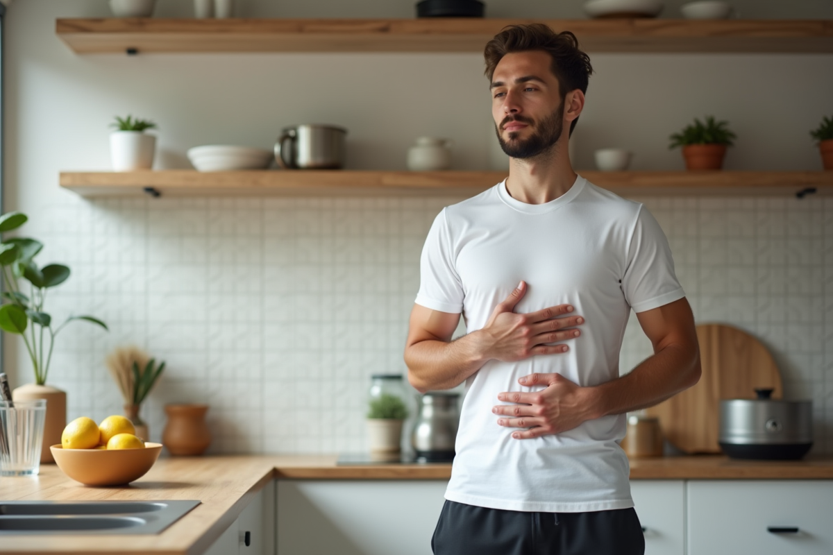 Jeune homme respirant profondément dans la cuisine lumineuse