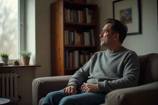 Homme d'âge moyen assis pensif dans un salon modeste