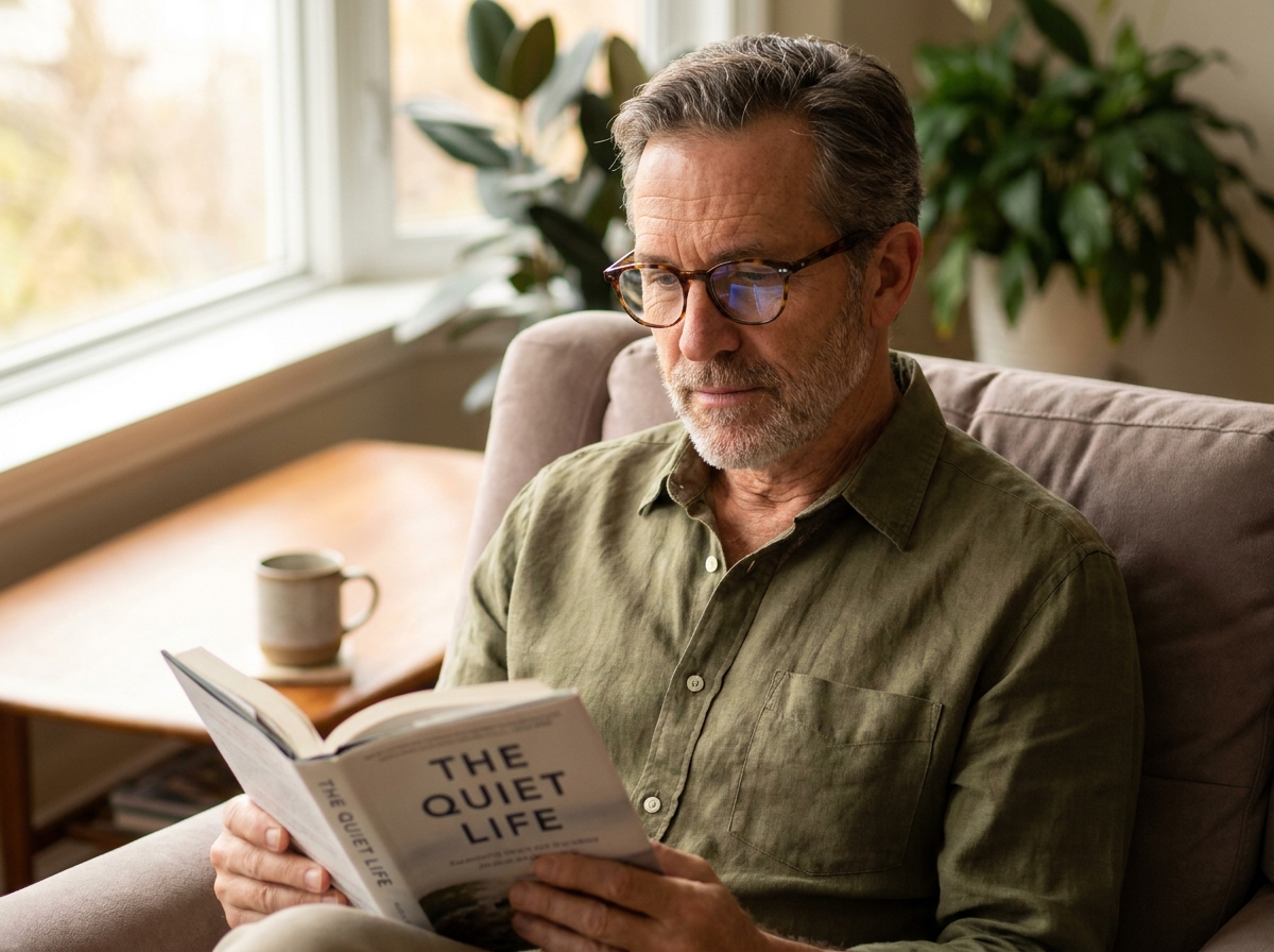 Homme senior portant des lunettes de vue correctives et lisant confortablement chez lui grâce à son opticien