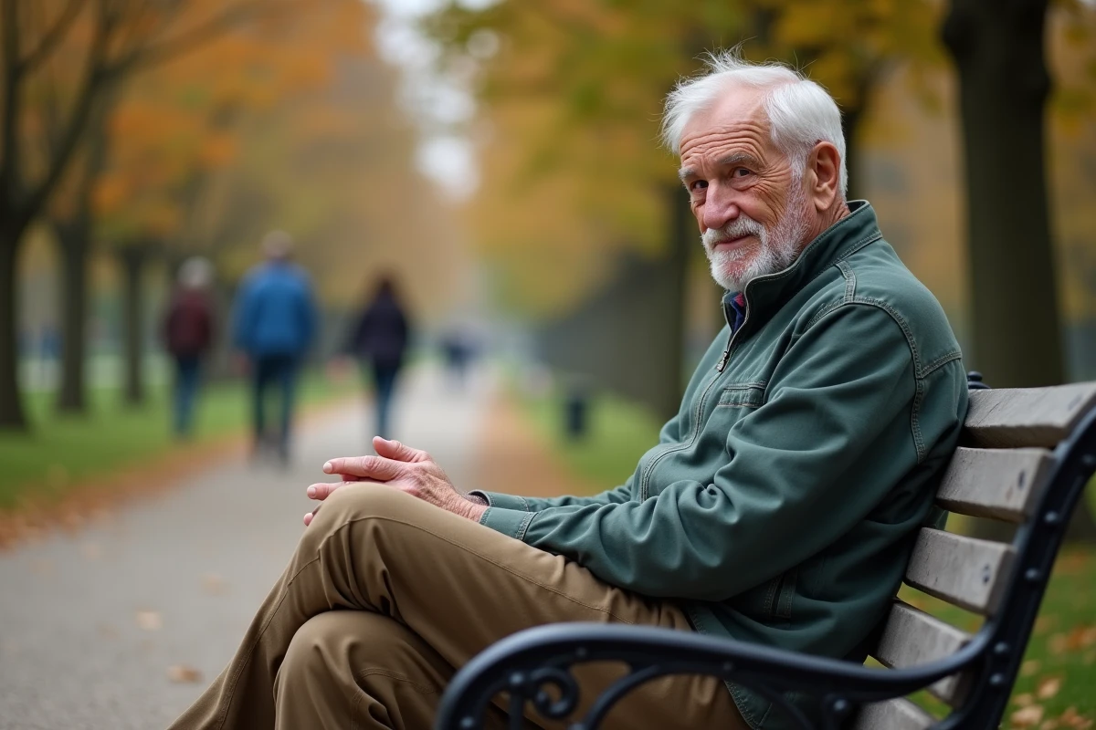 Homme âgé assis sur un banc dans un parc en automne