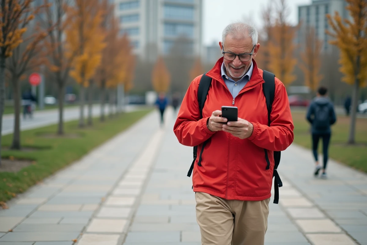Homme senior vérifiant son application de marche en ville