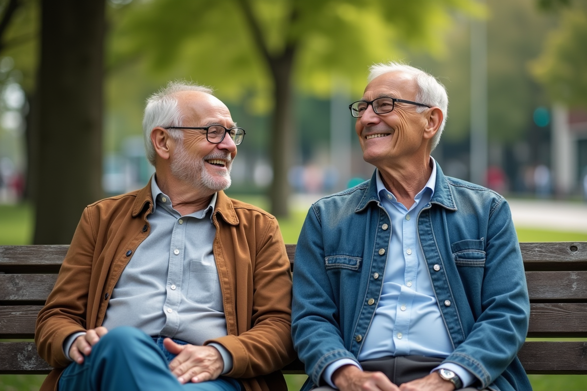 Deux hommes assis sur un banc dans un parc en pleine nature