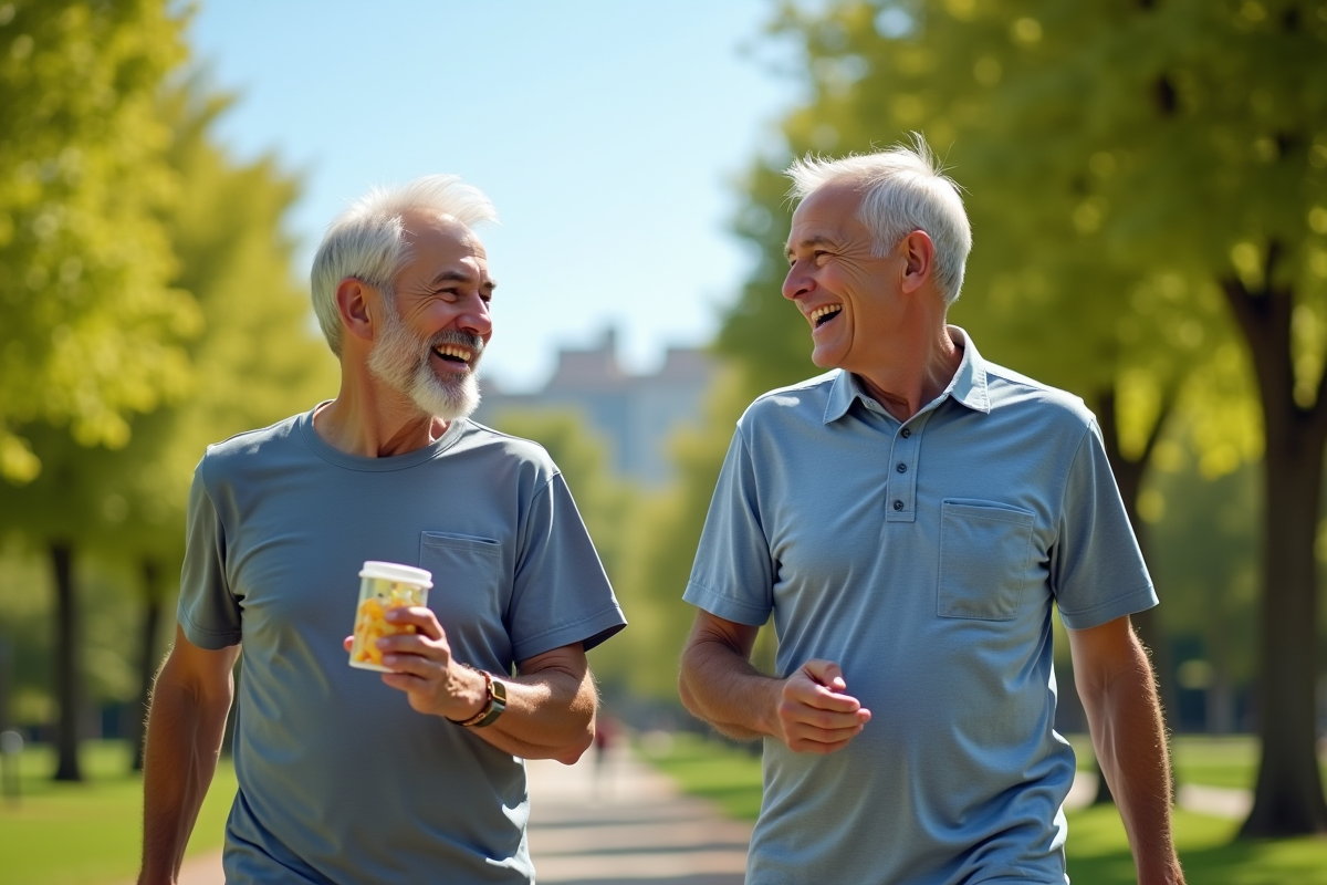 Deux hommes seniors actifs marchant dans un parc ensoleille