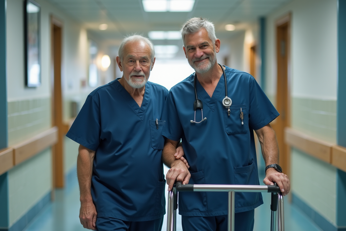 Infirmier aidant un patient âgé à marcher dans un couloir d