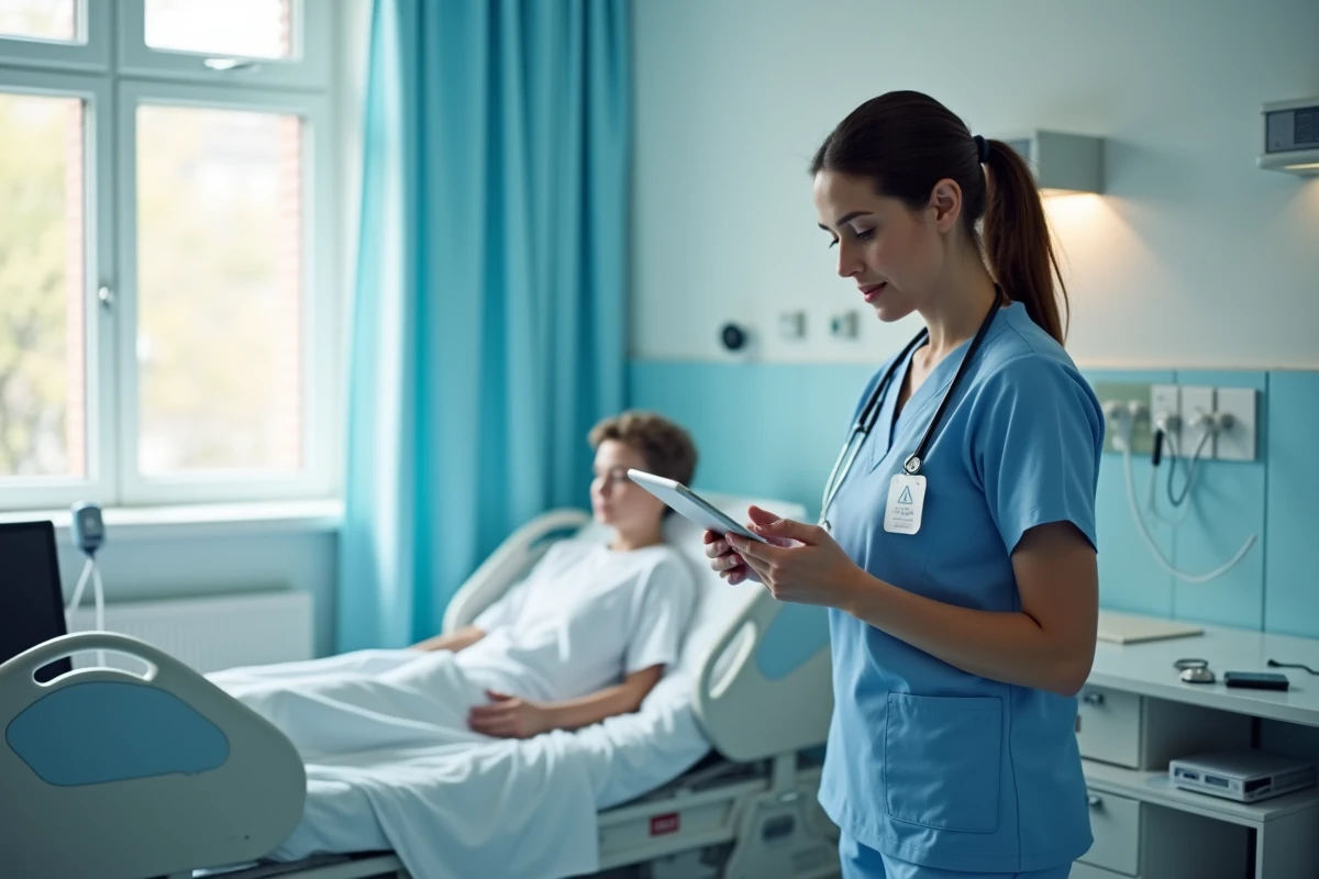 Infirmière concentrée utilisant une tablette à côté d