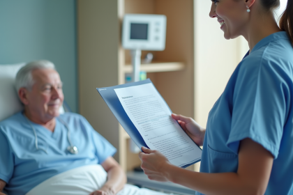 Infirmière souriante avec patient âgé dans un hôpital