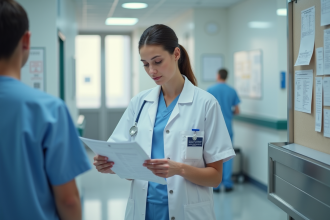 Infirmière en uniforme blanc dans un hôpital en train de lire des dossiers