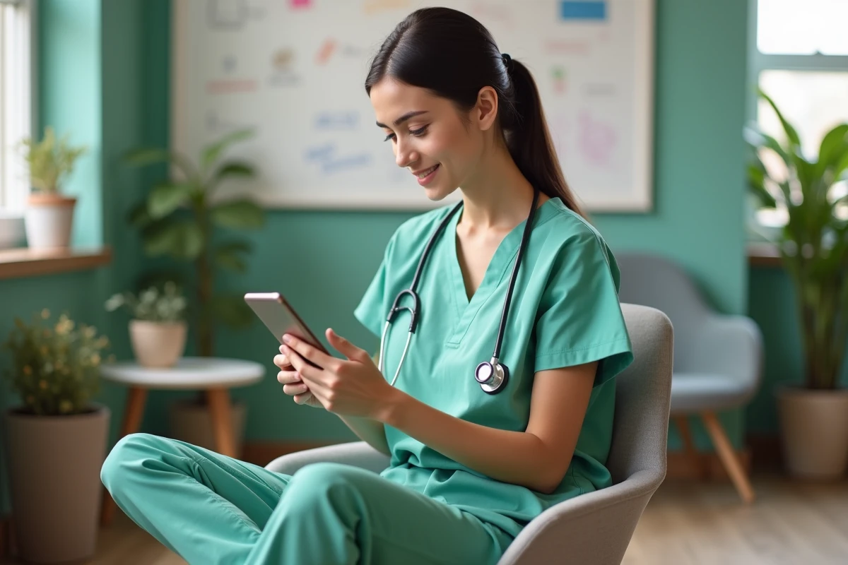 Infirmière praticienne mettant à jour son profil professionnel sur smartphone dans un espace de coworking médical