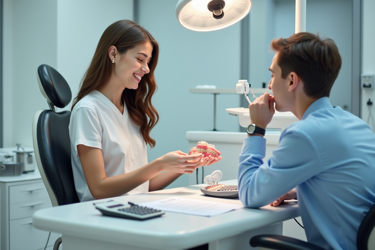 Jeune adulte en clinique dentaire avec orthodontie et documents financiers
