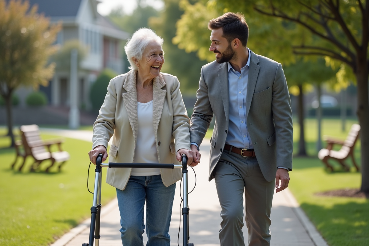 Jeune aidant soutenant une personne âgée dans un parc