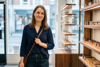 Jeune femme souriante entrant dans un magasin d'optique moderne