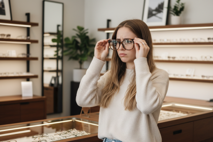 Jeune femme essayant des lunettes oversize dans une boutique d'optique