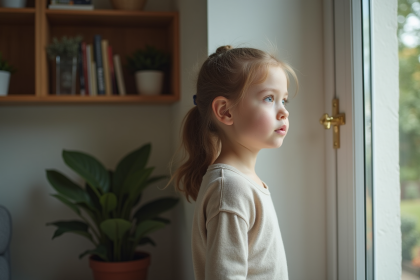 Jeune fille regardant par la fenêtre dans un salon chaleureux