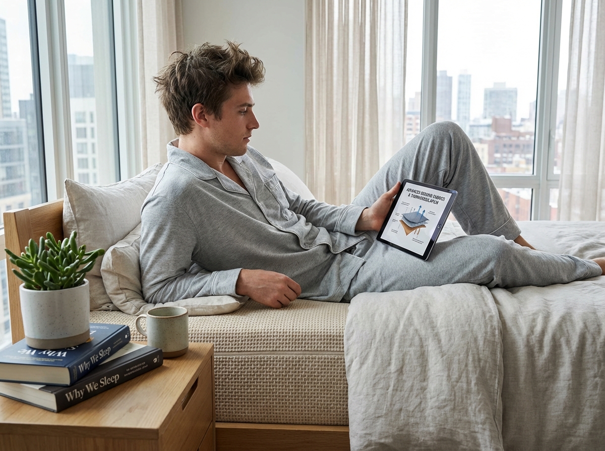 Jeune homme examinant un diagramme sur un lit moderne
