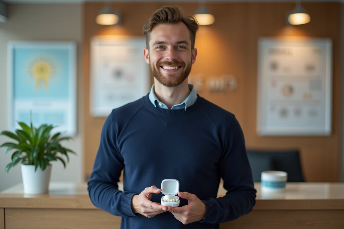 Jeune homme souriant avec sa case de céramique dentaire