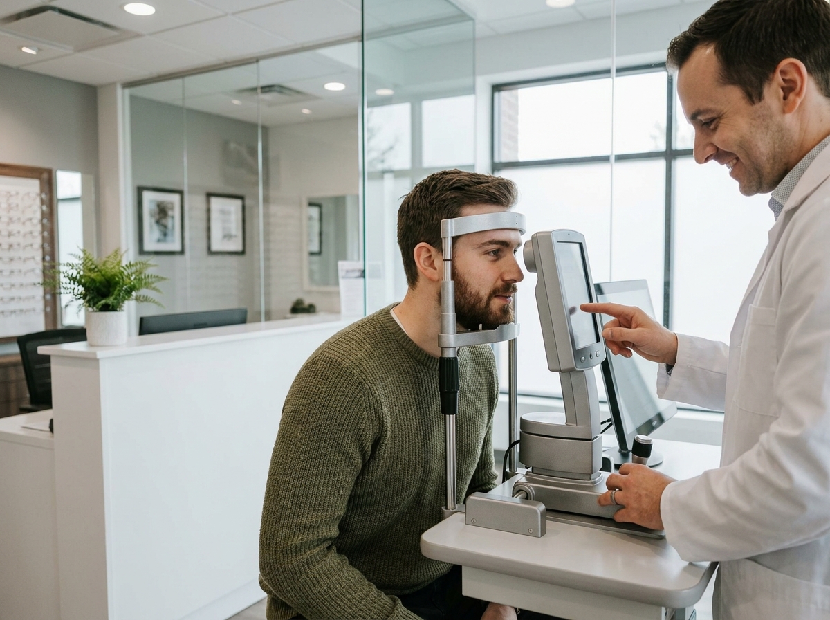 Jeune homme recevant un scan oculaire en clinique optique