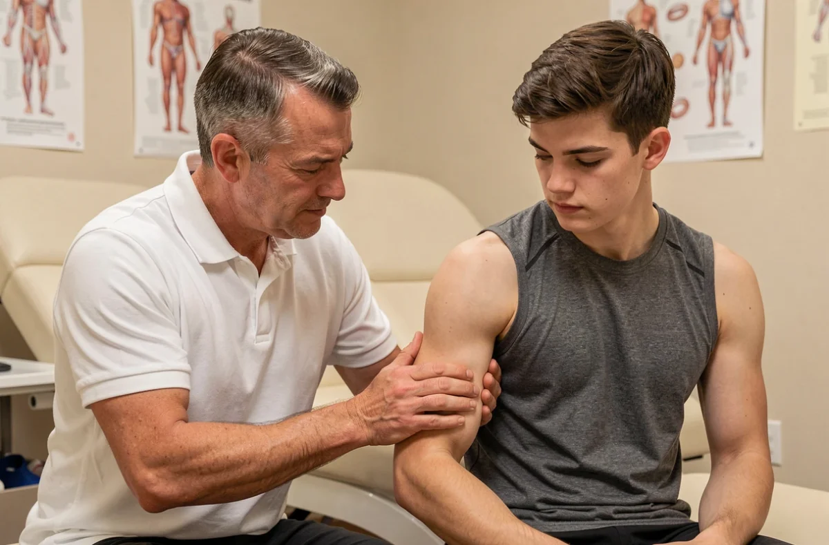 Kinésithérapeute examinant le bras gauche douloureux d'un jeune sportif débutant dans un cabinet de médecine sportive