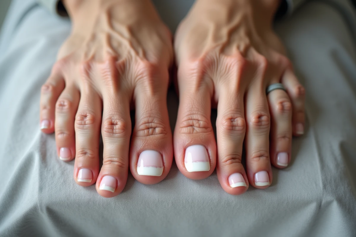 Vue rapprochée de deux mains présentant une leuconychie avec des ongles entièrement blanchis sur tissu gris