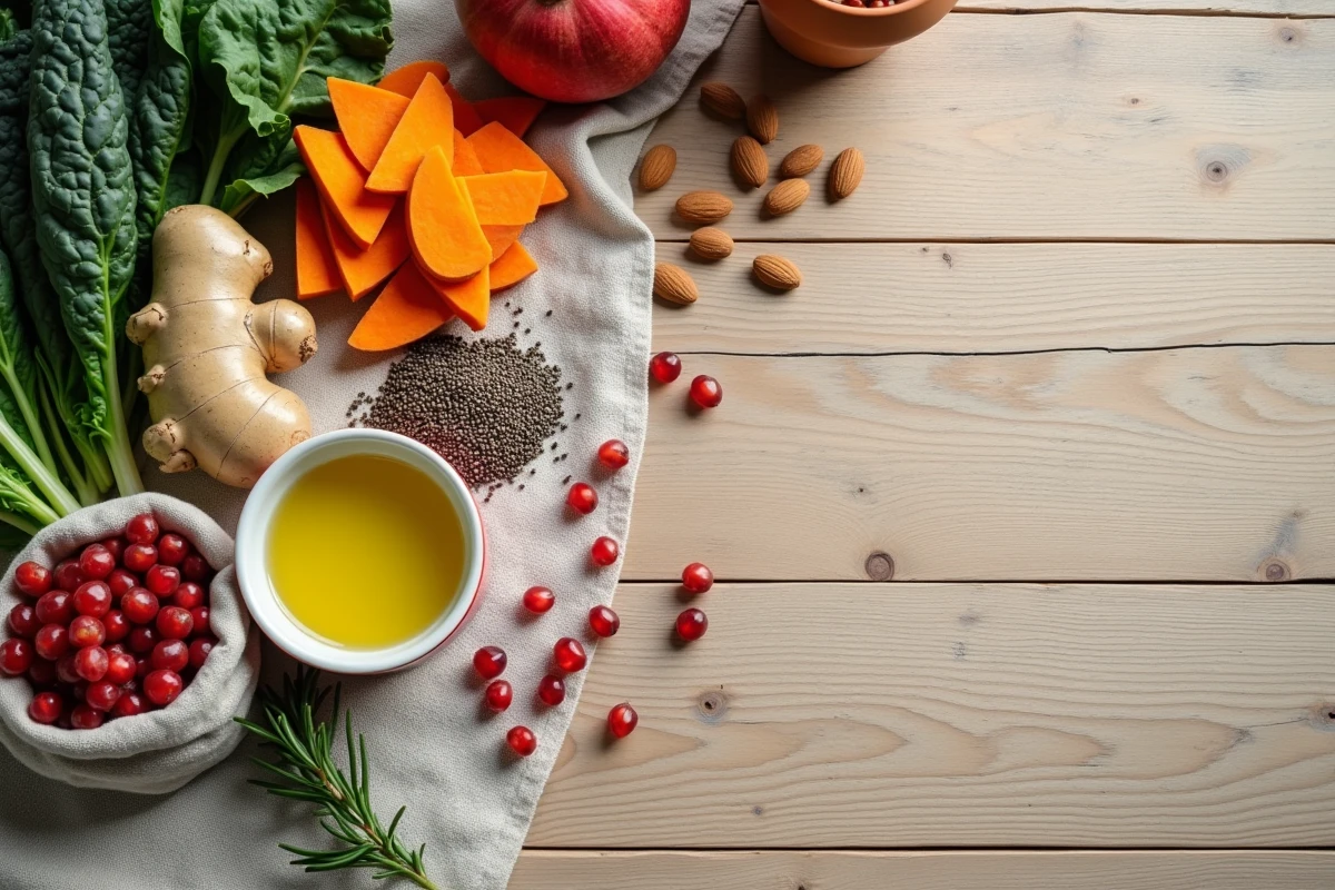 Vue du dessus d'une sélection d'aliments anti-inflammatoires incluant gingembre, kale, amandes, graines de chia et huile d'olive sur une table en bois