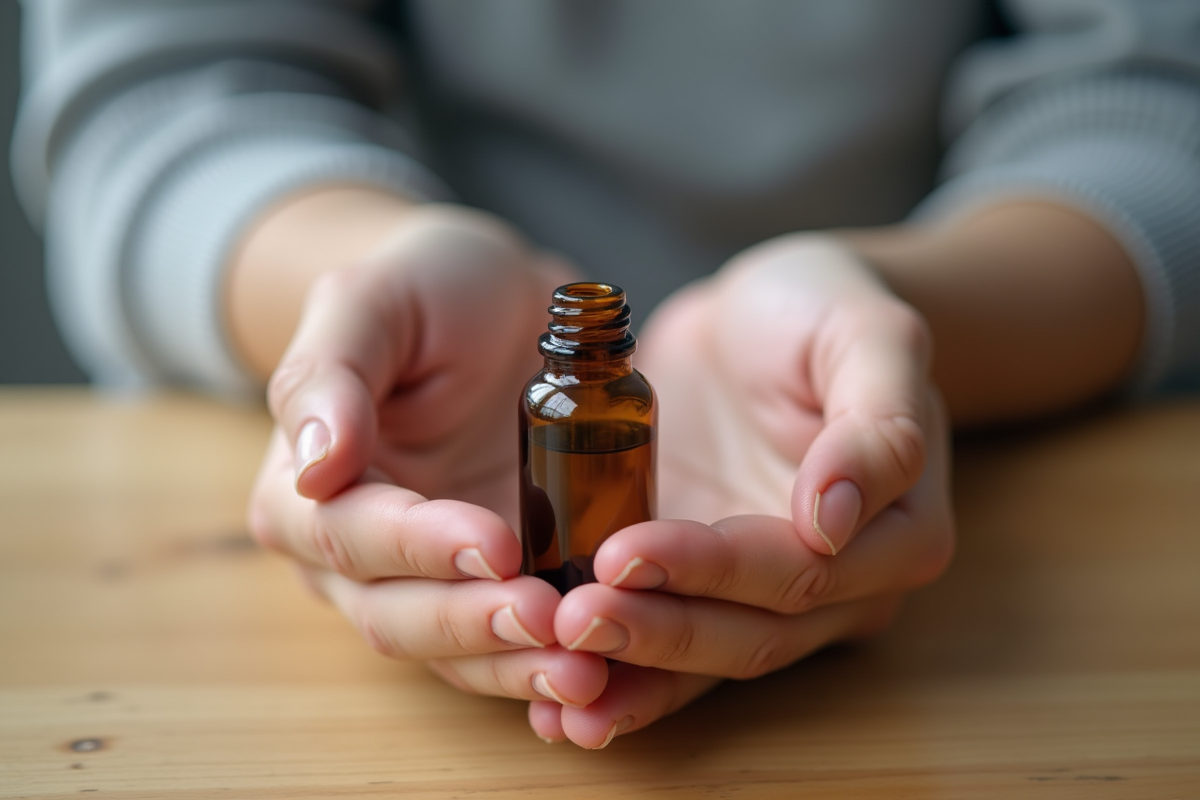 Mains tenant une petite fiole de remède homeopathique
