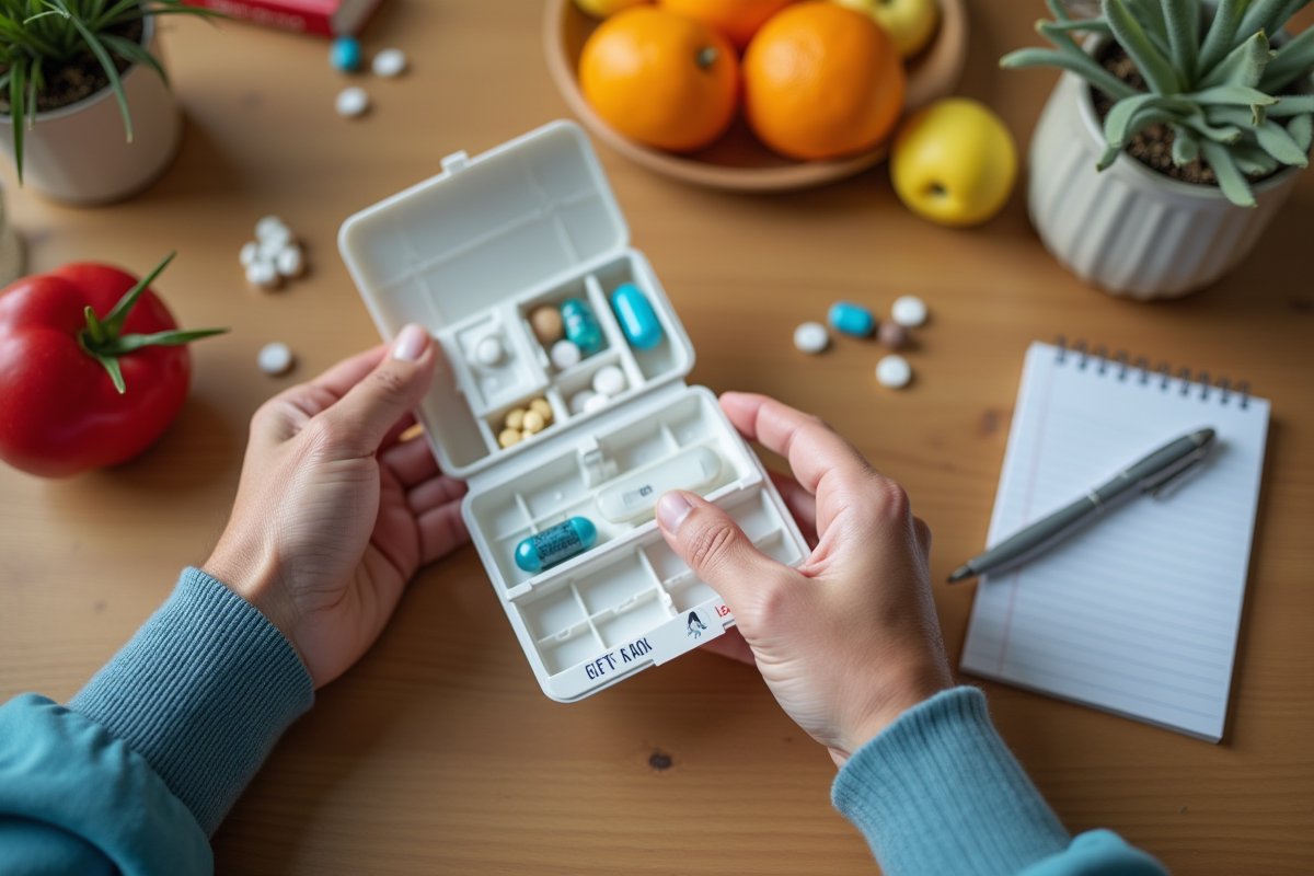 Mains de senior ouvrant un organisateur de médicaments
