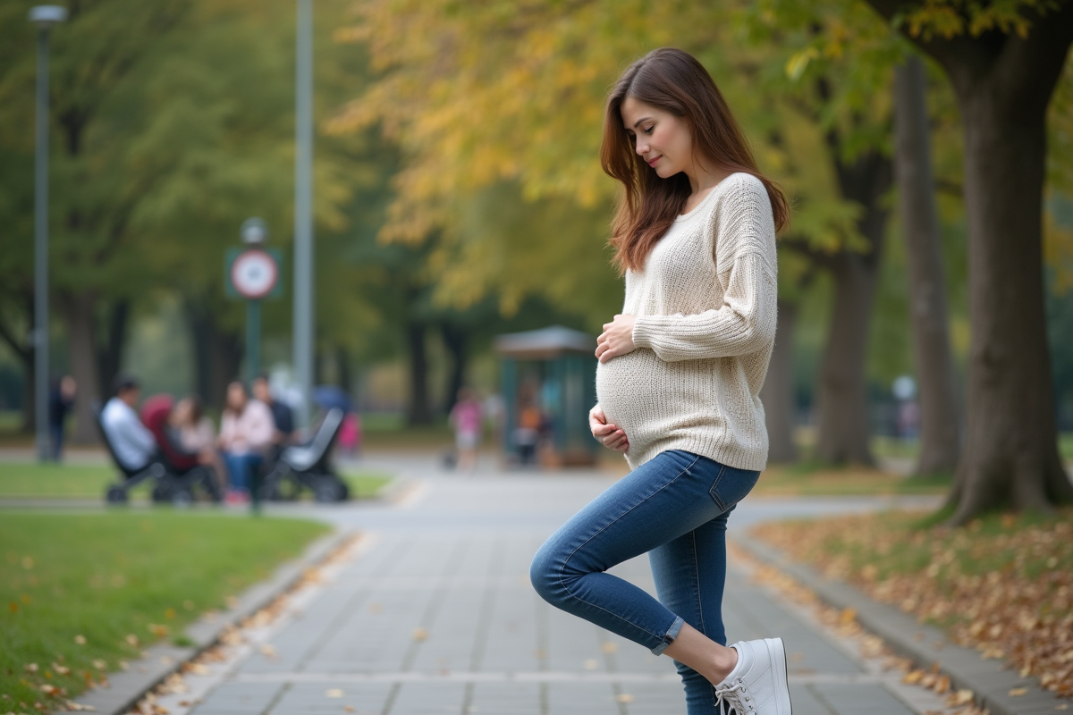 Jeune maman s’étirant dans un parc urbain