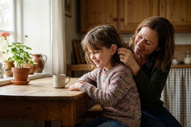 Fille de 7 ans avec appareil auditif et mère dans cuisine
