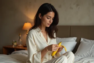 Femme mangeant une banane le soir assise sur son lit en pyjama dans une chambre cosy