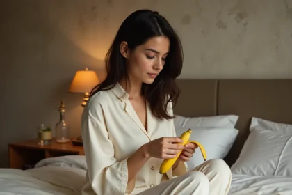 Femme mangeant une banane le soir assise sur son lit en pyjama dans une chambre cosy