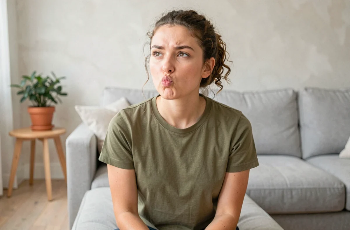Jeune femme effectuant la manœuvre de Valsalva pour déboucher une oreille naturellement chez elle