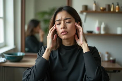Femme en salon de coiffure souffrant de maux de tête après une coloration végétale au henné