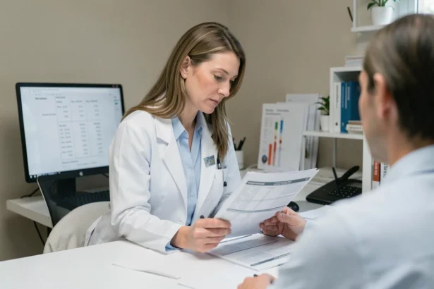 Médecin femme examinant des résultats d'analyses biologiques lors d'une consultation médicale pour un sérum opalescent