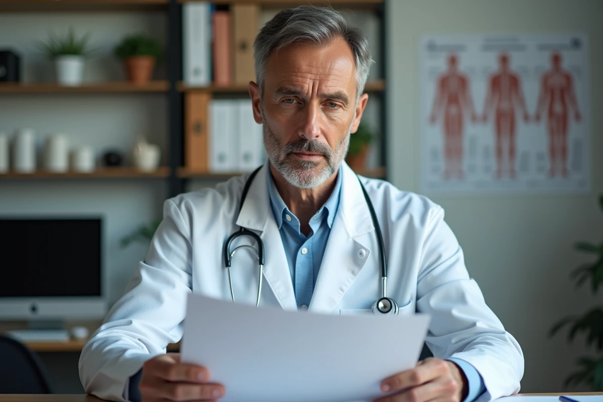 Medecin examinent un dossier dans son cabinet