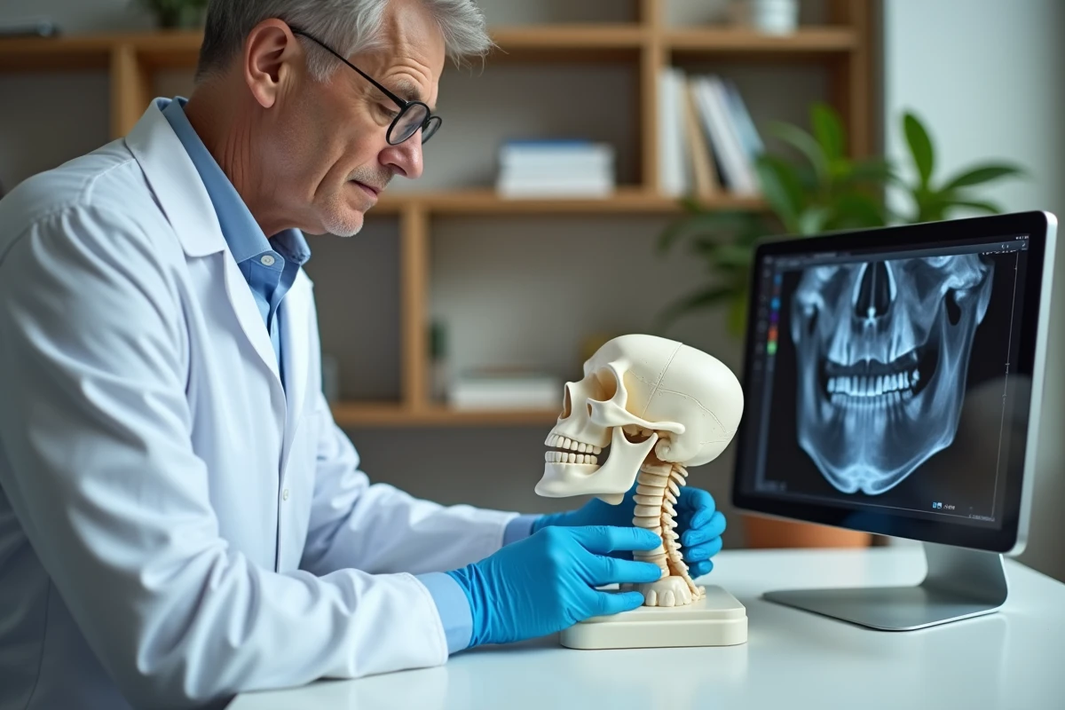 Médecin spécialiste examinant un modèle anatomique de mâchoire et une radiographie dentaire pour diagnostiquer un cancer de la mâchoire